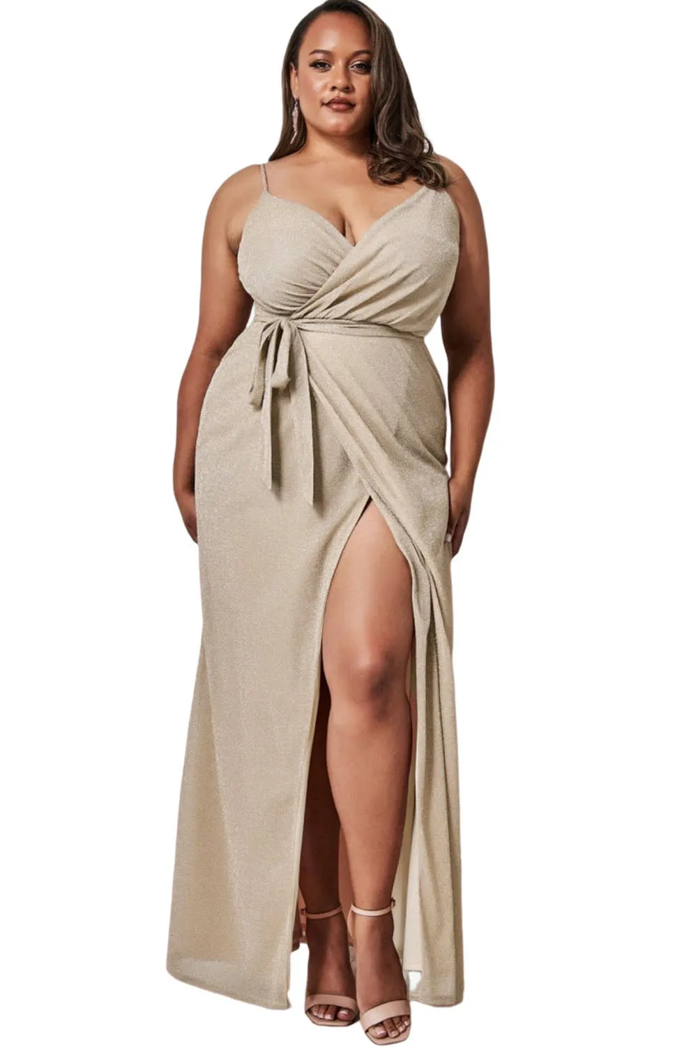 Apricot Plus Size V Neck Wrap Spaghetti Straps Maxi Dress