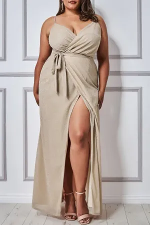 Apricot Plus Size V Neck Wrap Spaghetti Straps Maxi Dress