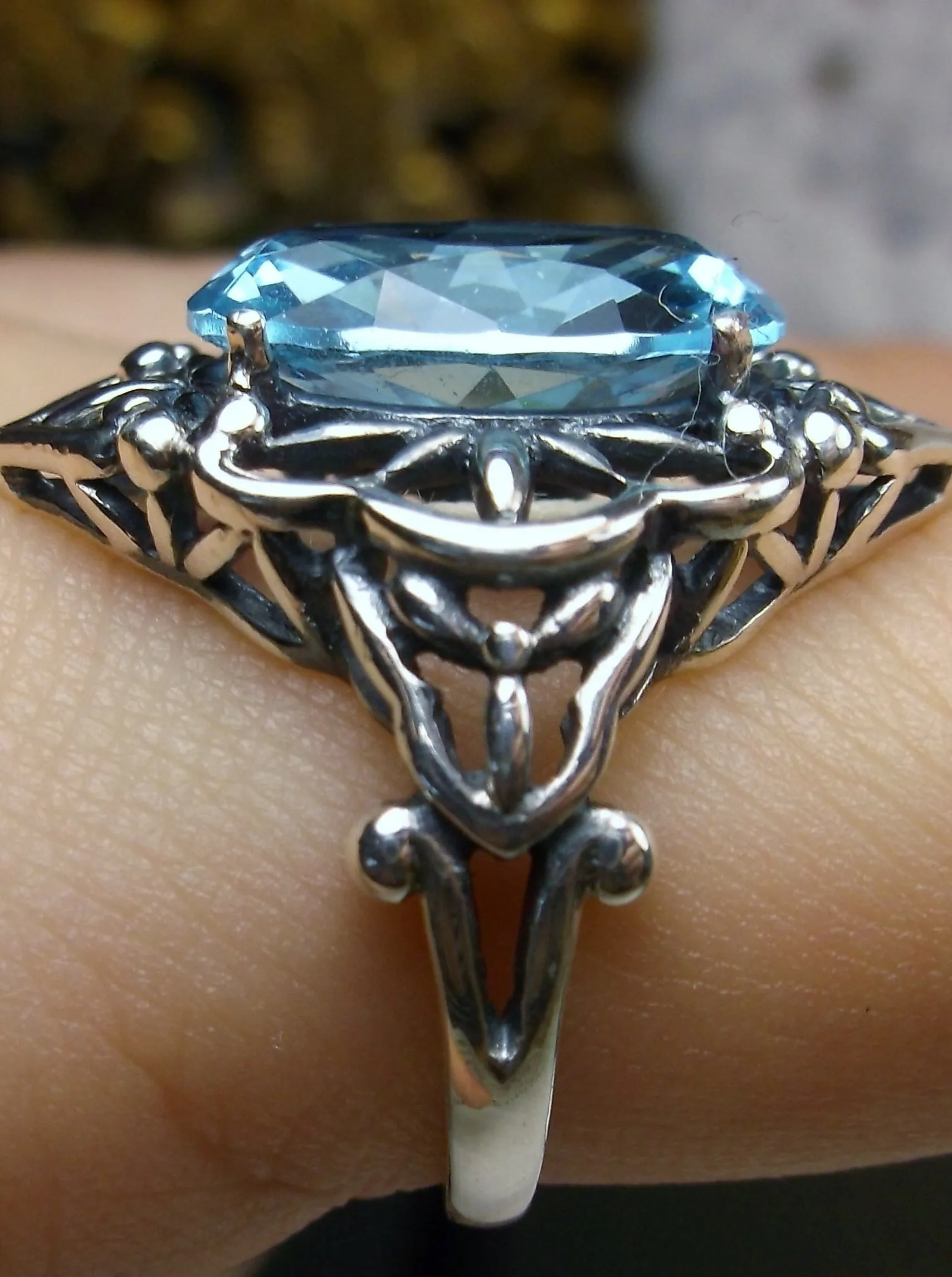 Aquamarine Ring, Size 6, Gothic Filigree Ring - Vintage Style Ring D98 - Ready to Ship