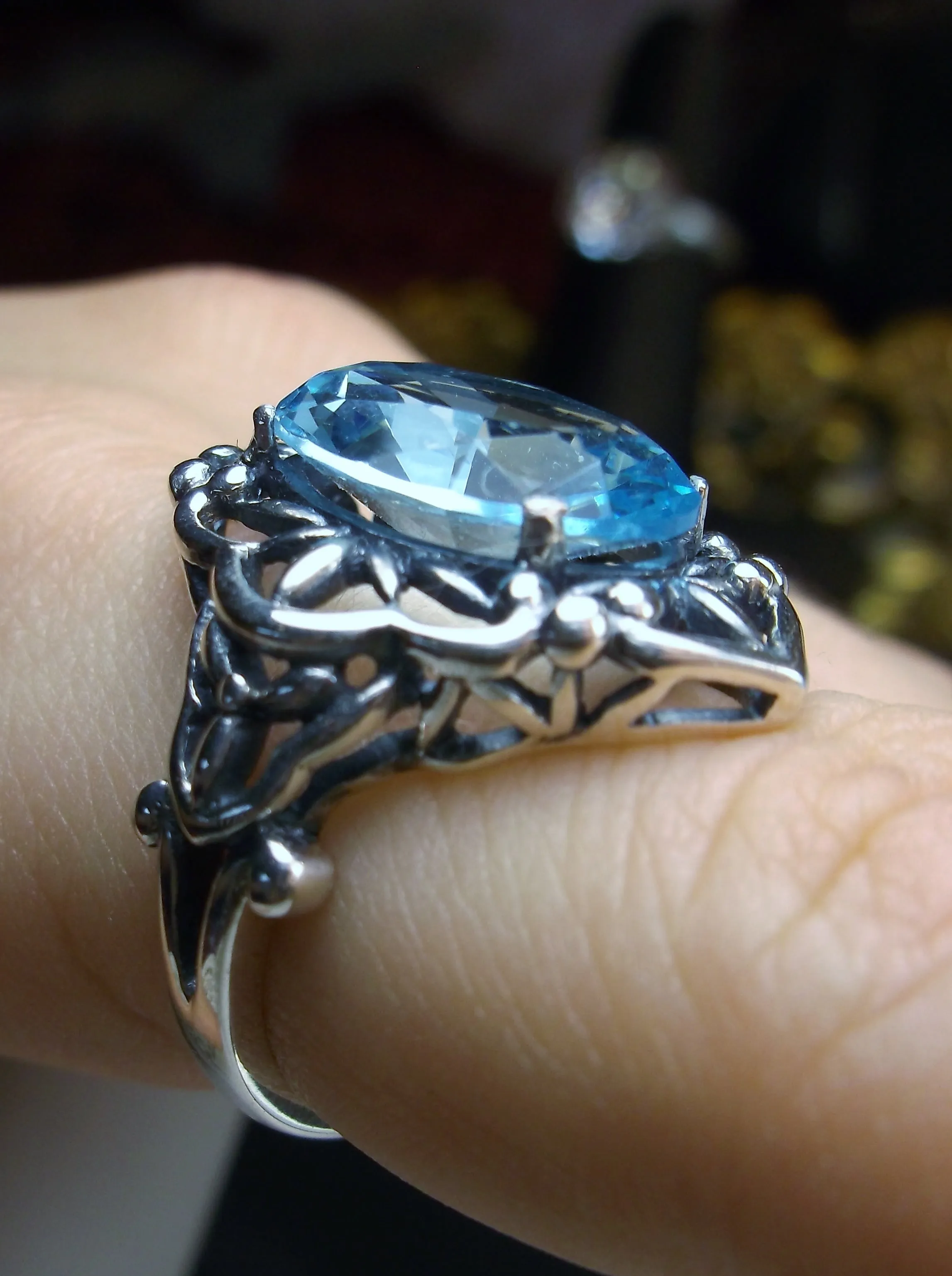 Aquamarine Ring, Size 6, Gothic Filigree Ring - Vintage Style Ring D98 - Ready to Ship