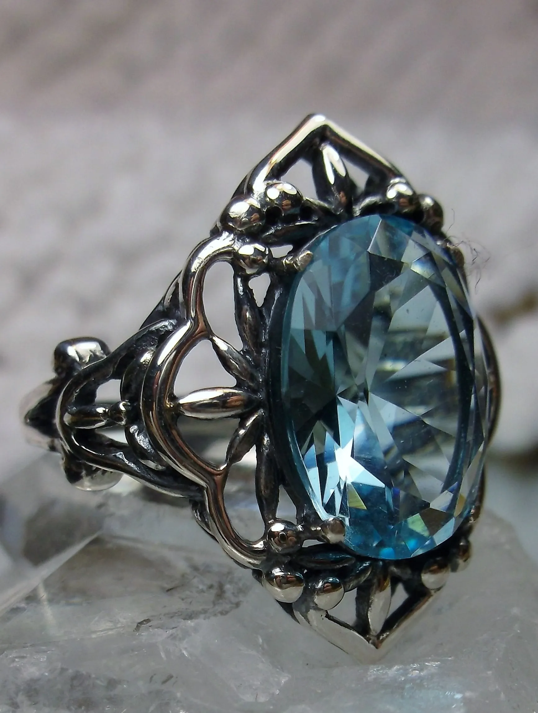 Aquamarine Ring, Size 6, Gothic Filigree Ring - Vintage Style Ring D98 - Ready to Ship