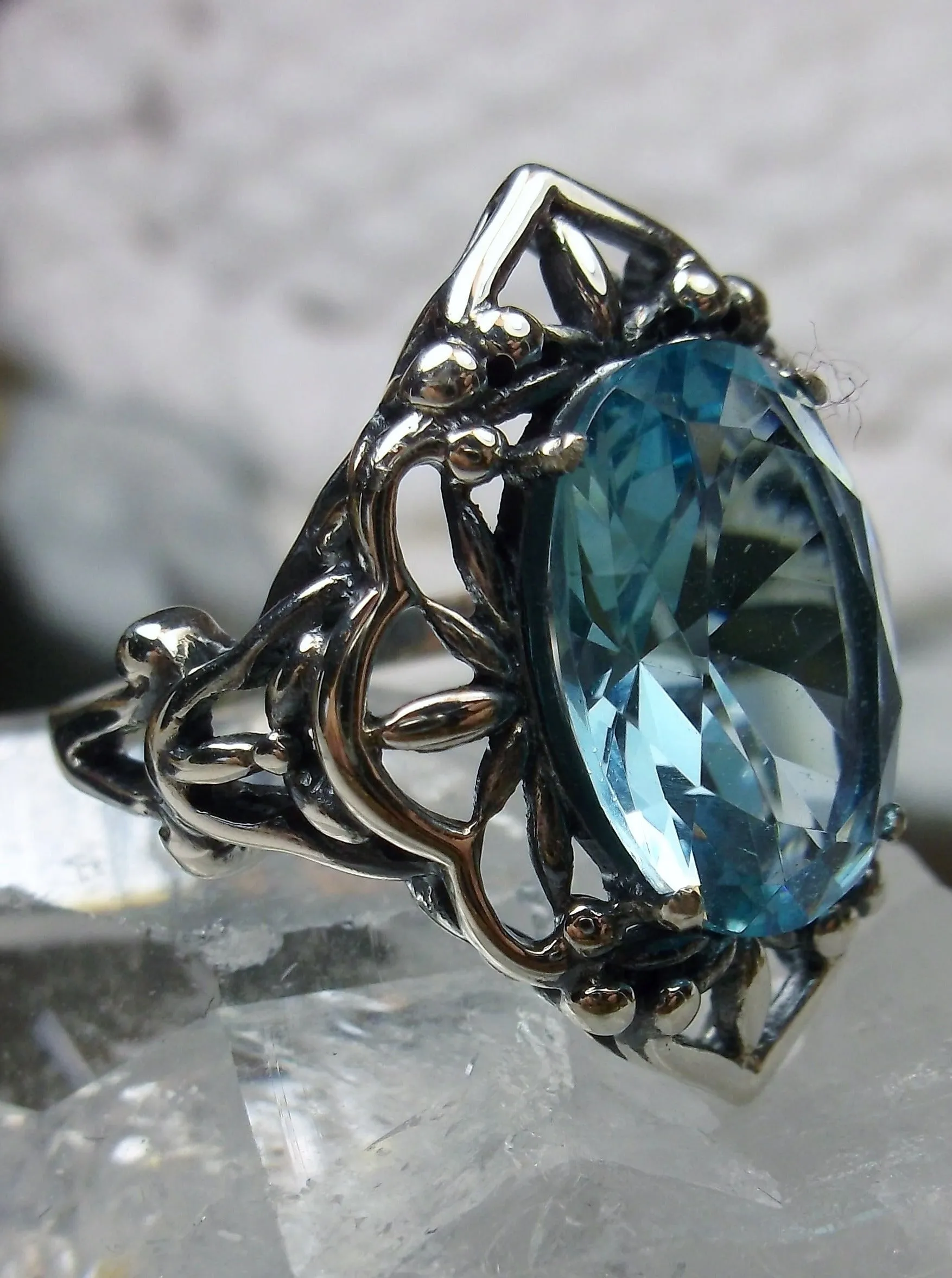 Aquamarine Ring, Size 6, Gothic Filigree Ring - Vintage Style Ring D98 - Ready to Ship