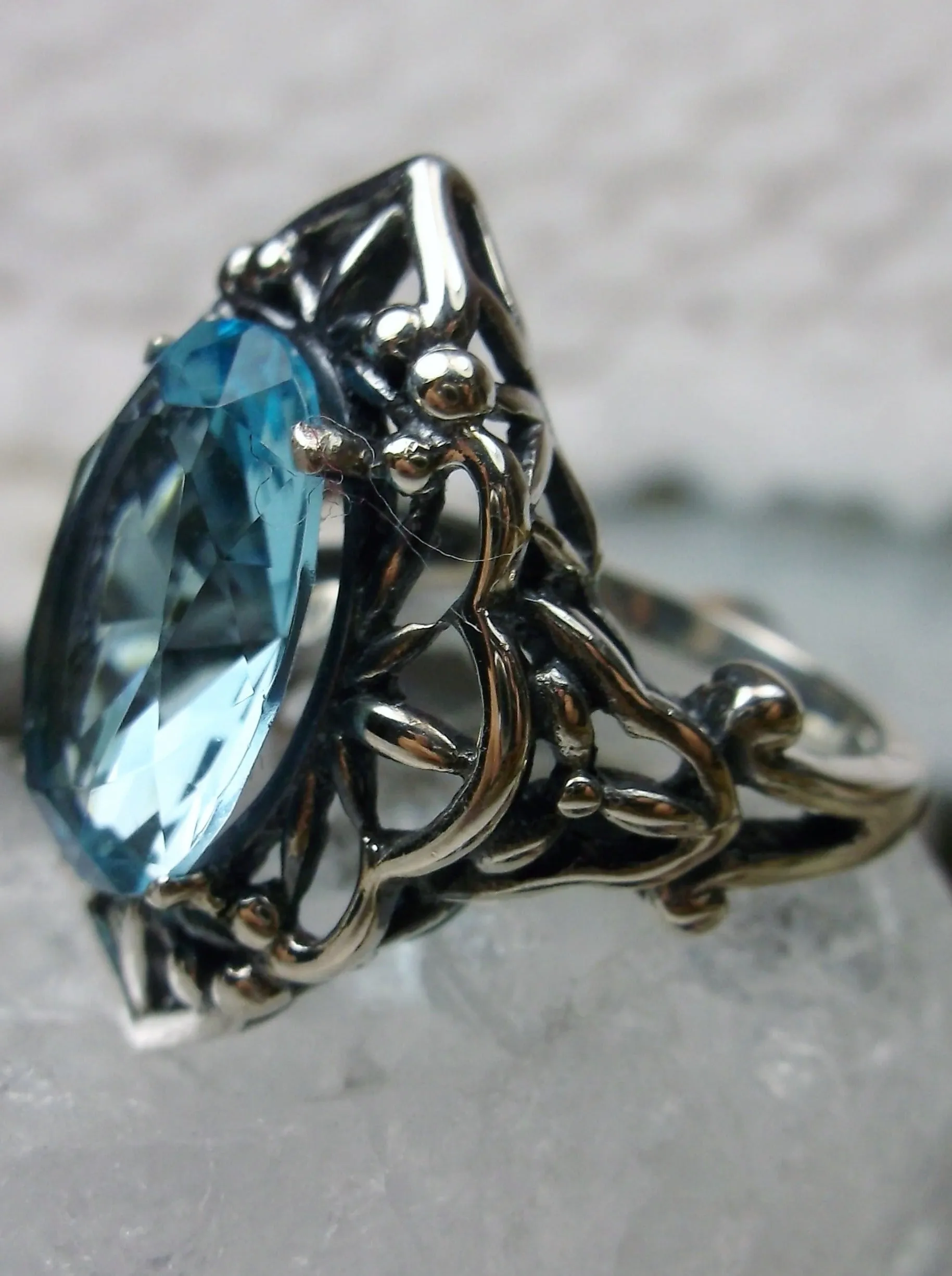 Aquamarine Ring, Size 6, Gothic Filigree Ring - Vintage Style Ring D98 - Ready to Ship