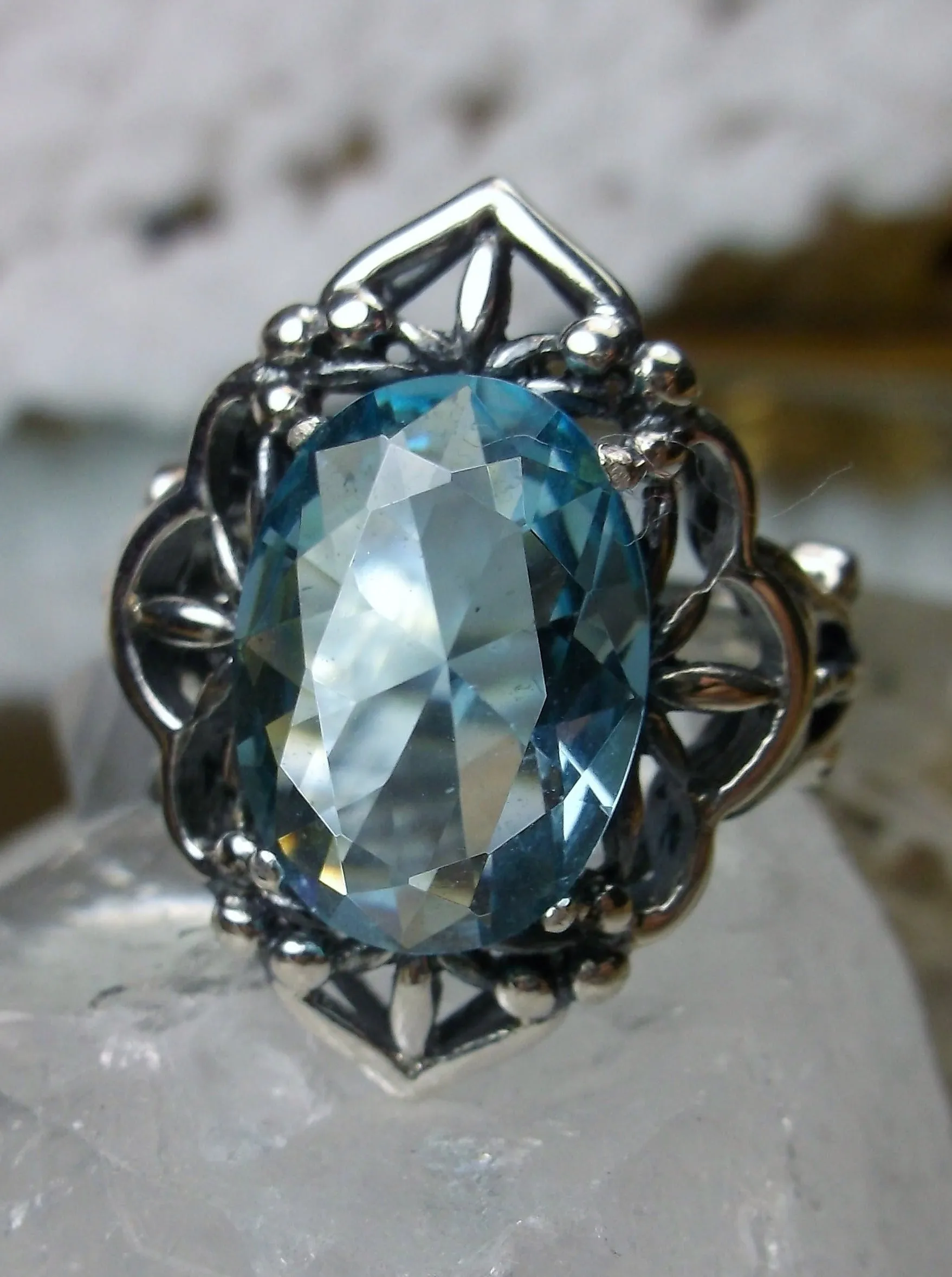 Aquamarine Ring, Size 6, Gothic Filigree Ring - Vintage Style Ring D98 - Ready to Ship