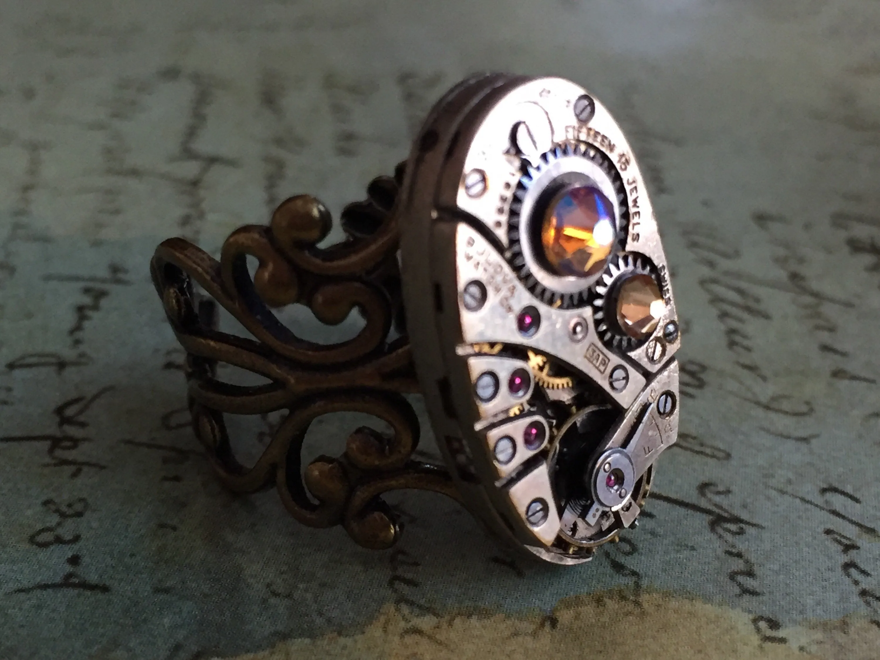 Back in time XI- Steampunk Ring - Repurposed recycled beautiful timepiece watch movement ring sapphire topaz