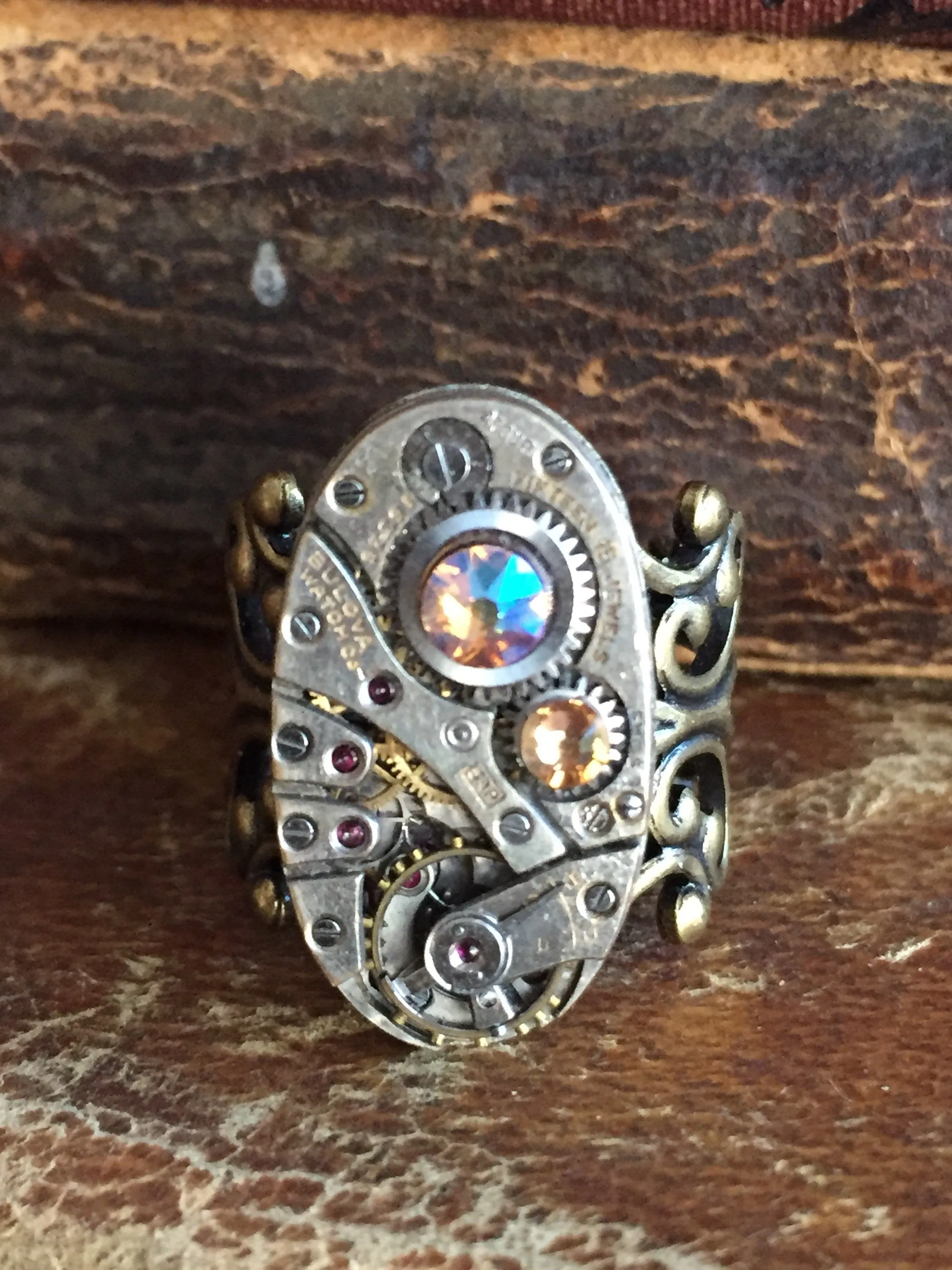Back in time XI- Steampunk Ring - Repurposed recycled beautiful timepiece watch movement ring sapphire topaz