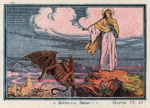 Begone Satan! – Jesus's Triumph Mathew 4:10 – based on a Vintage French Holy Card – Catholic Art Print