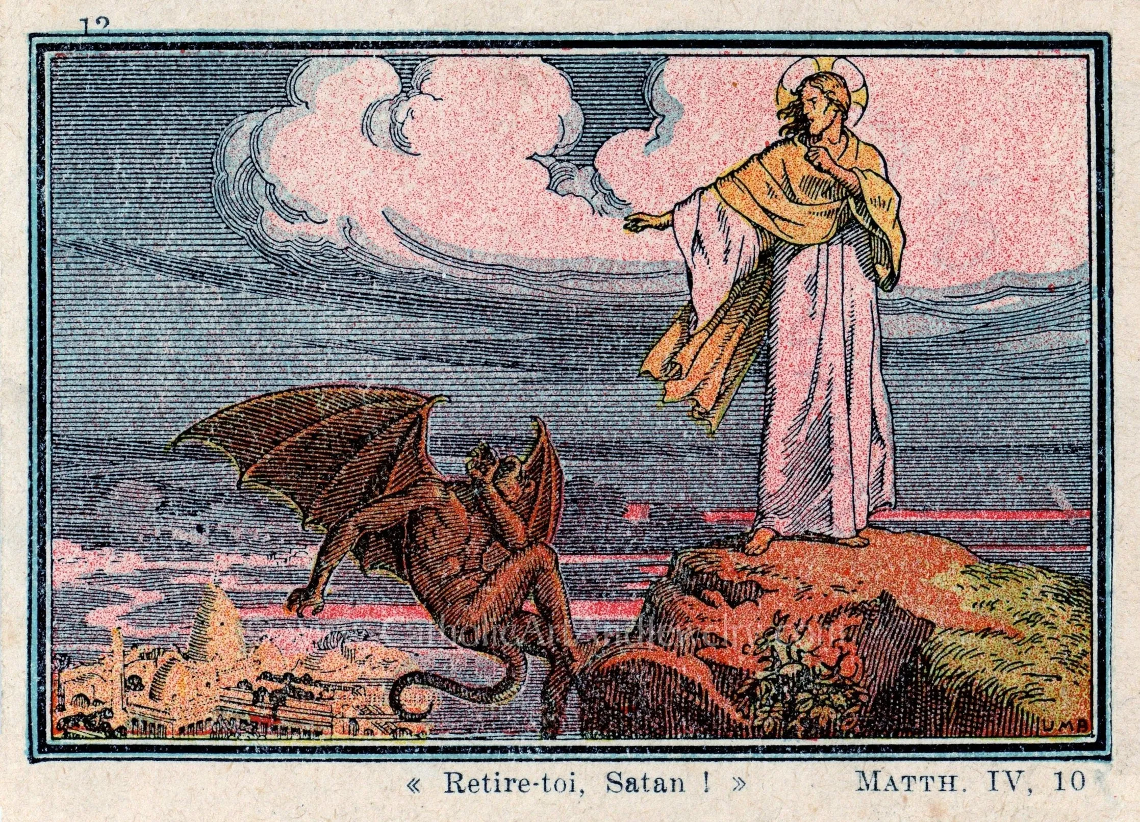 Begone Satan! – Jesus's Triumph Mathew 4:10 – based on a Vintage French Holy Card – Catholic Art Print
