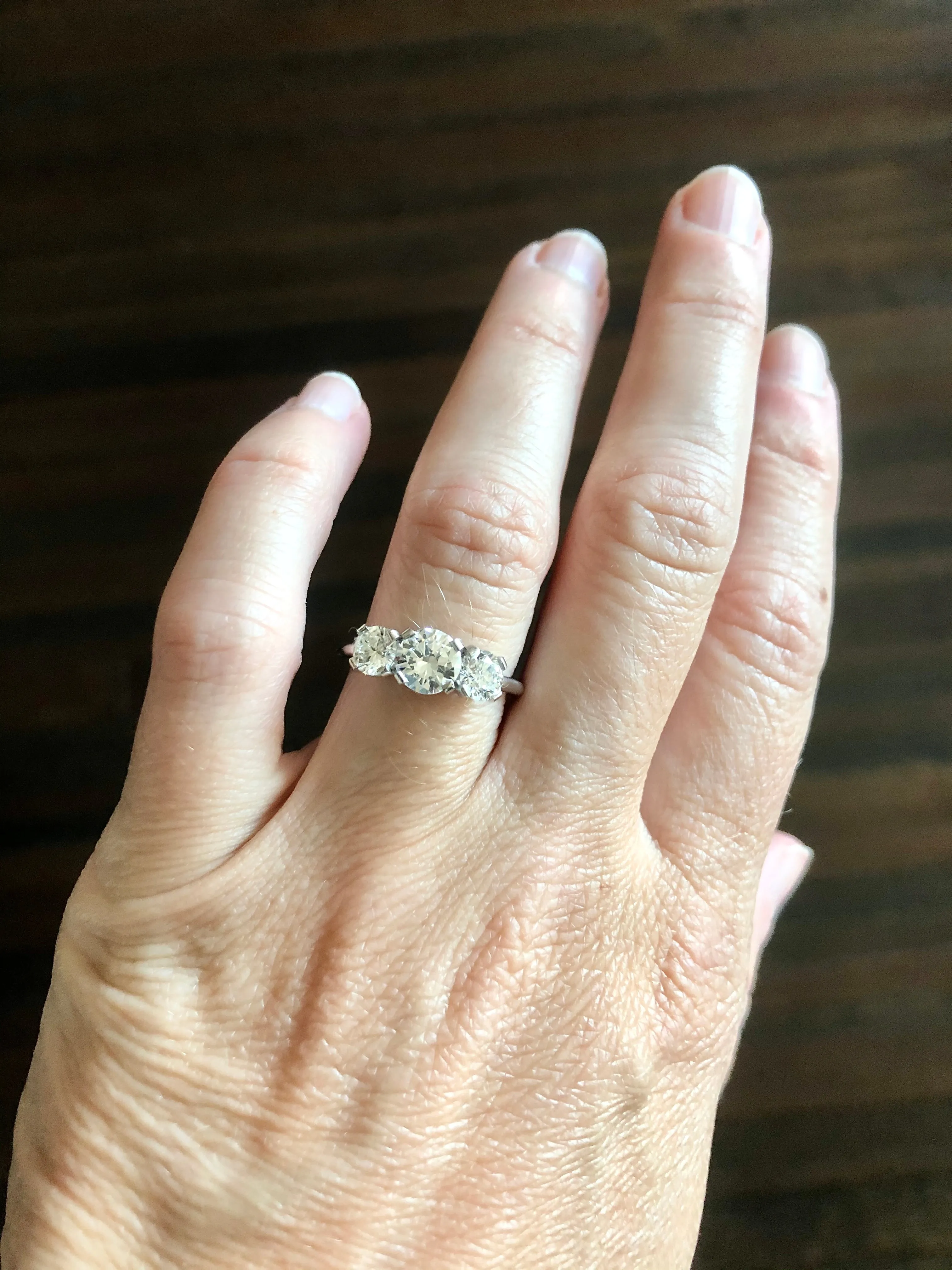 Bell & Bird Tab Prong Three Stone Old European Cut Diamond Ring