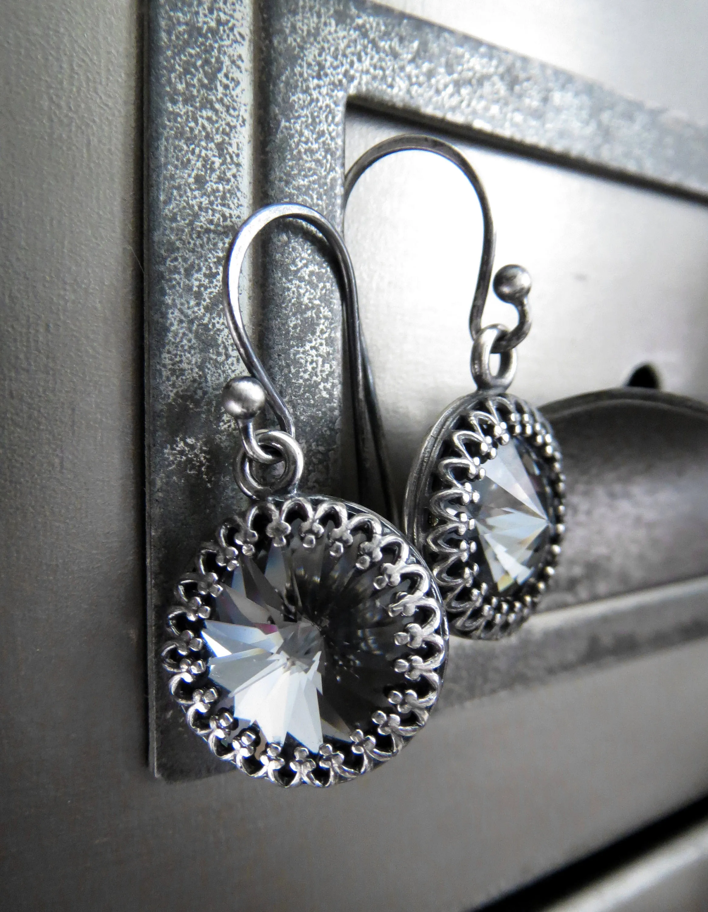 Black Night Crystal Earrings with Vintage Style Crown Bezels