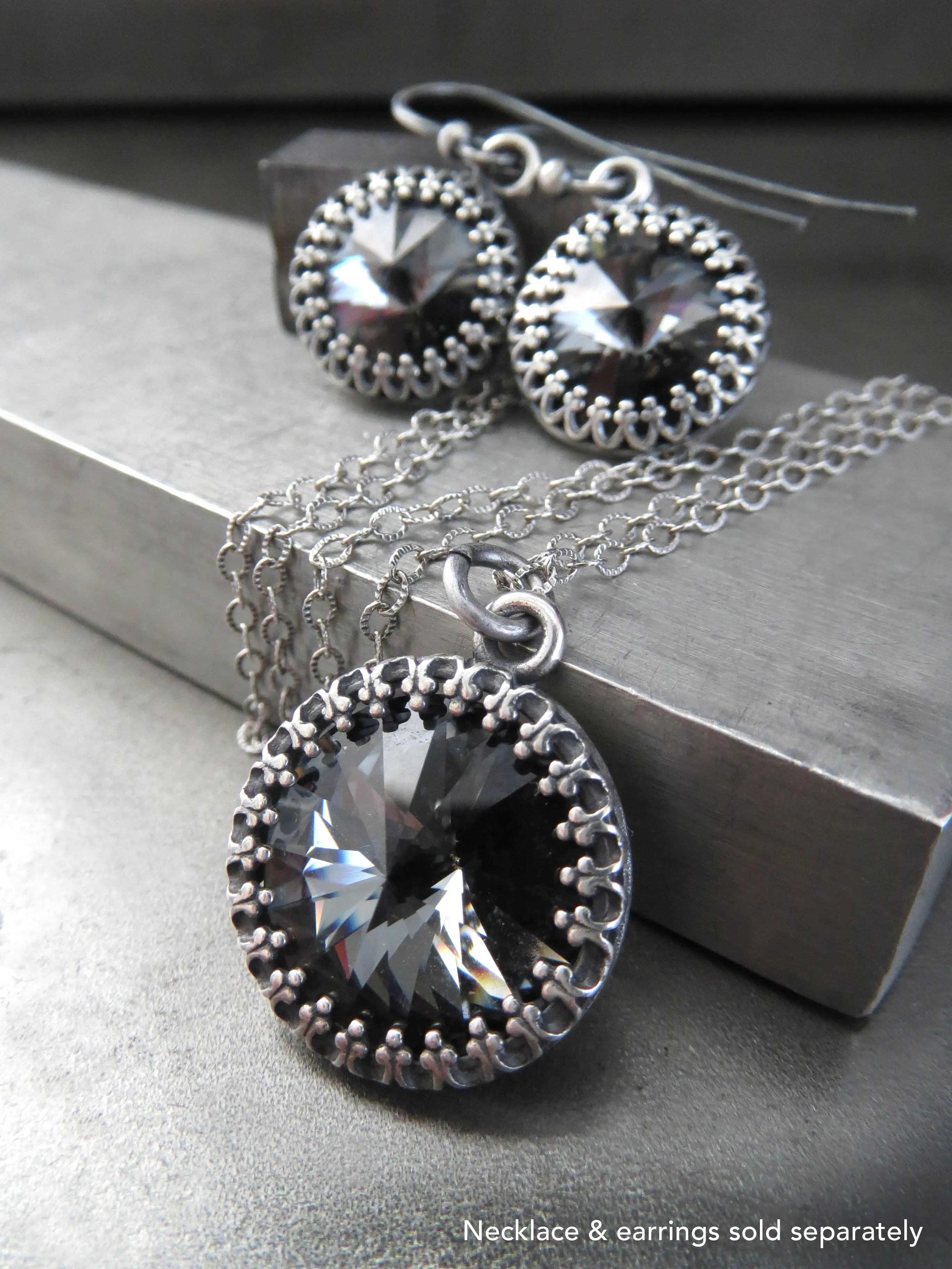 Black Night Crystal Earrings with Vintage Style Crown Bezels
