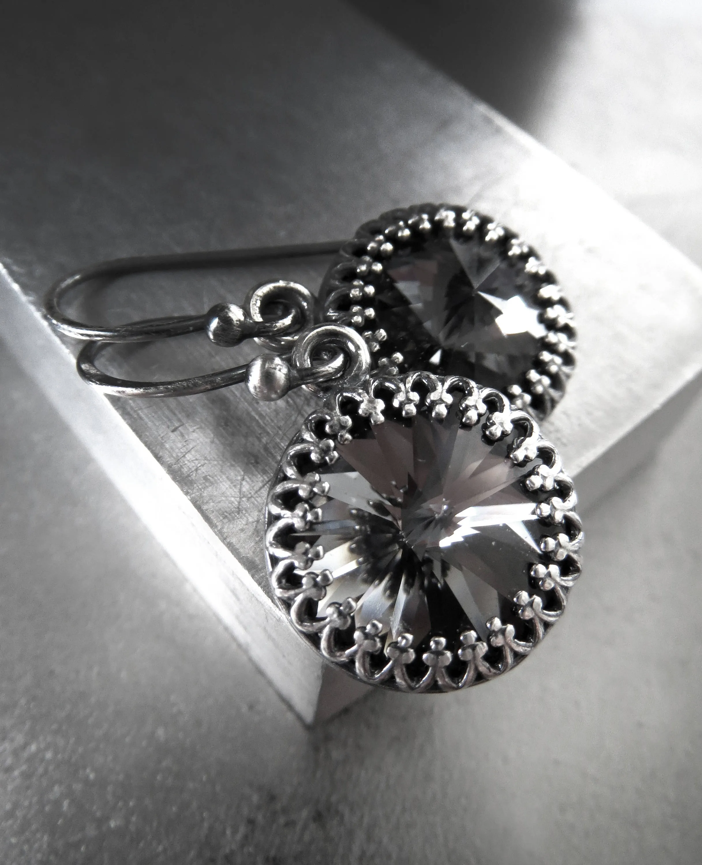 Black Night Crystal Earrings with Vintage Style Crown Bezels