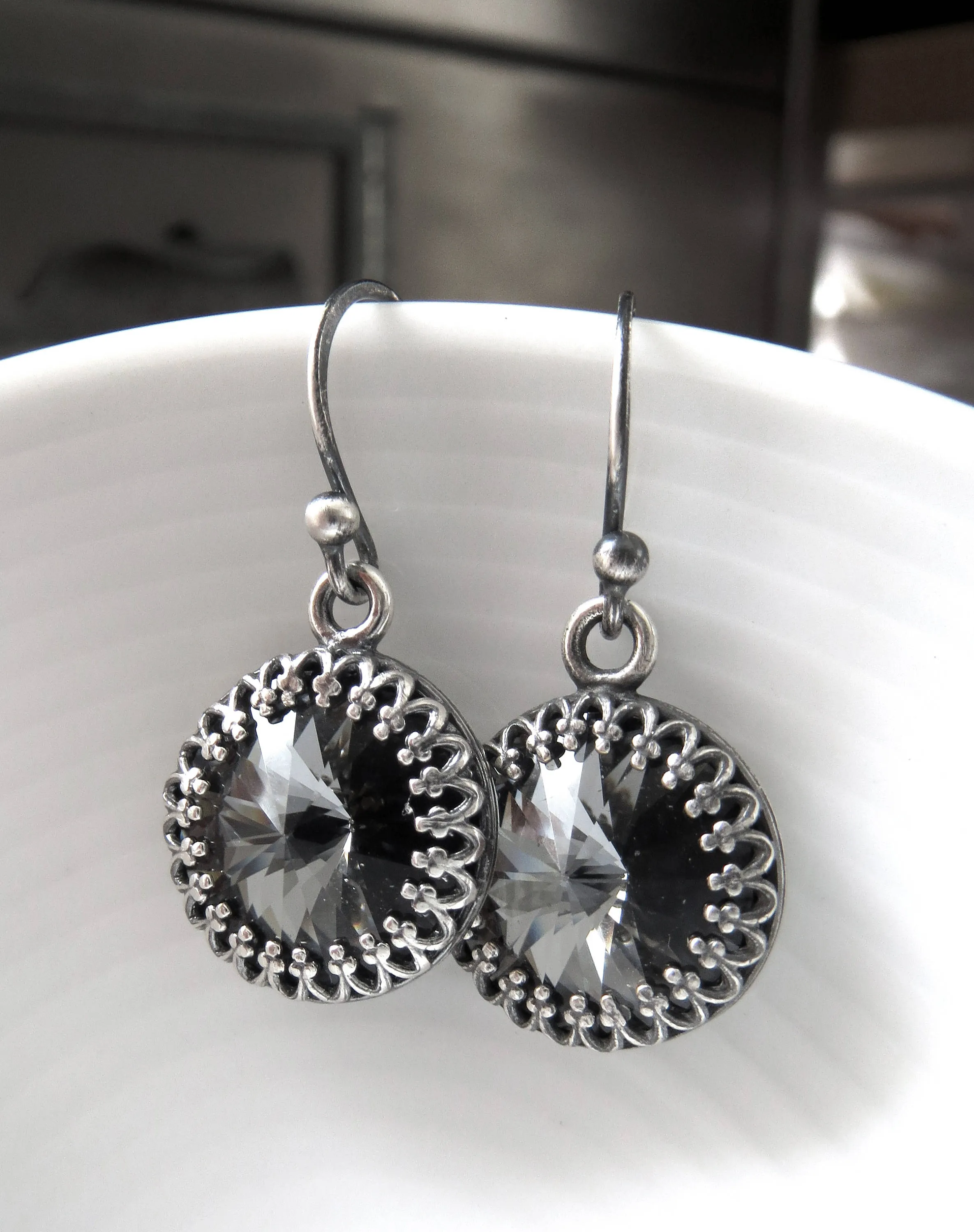 Black Night Crystal Earrings with Vintage Style Crown Bezels