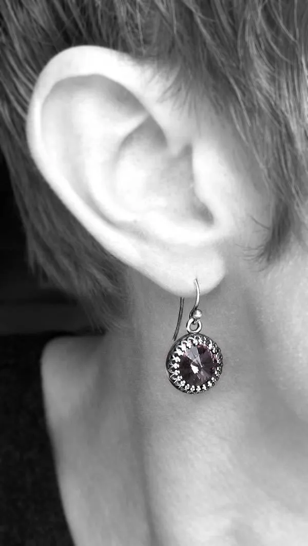 Black Night Crystal Earrings with Vintage Style Crown Bezels