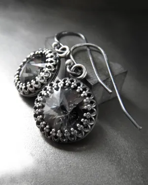 Black Night Crystal Earrings with Vintage Style Crown Bezels
