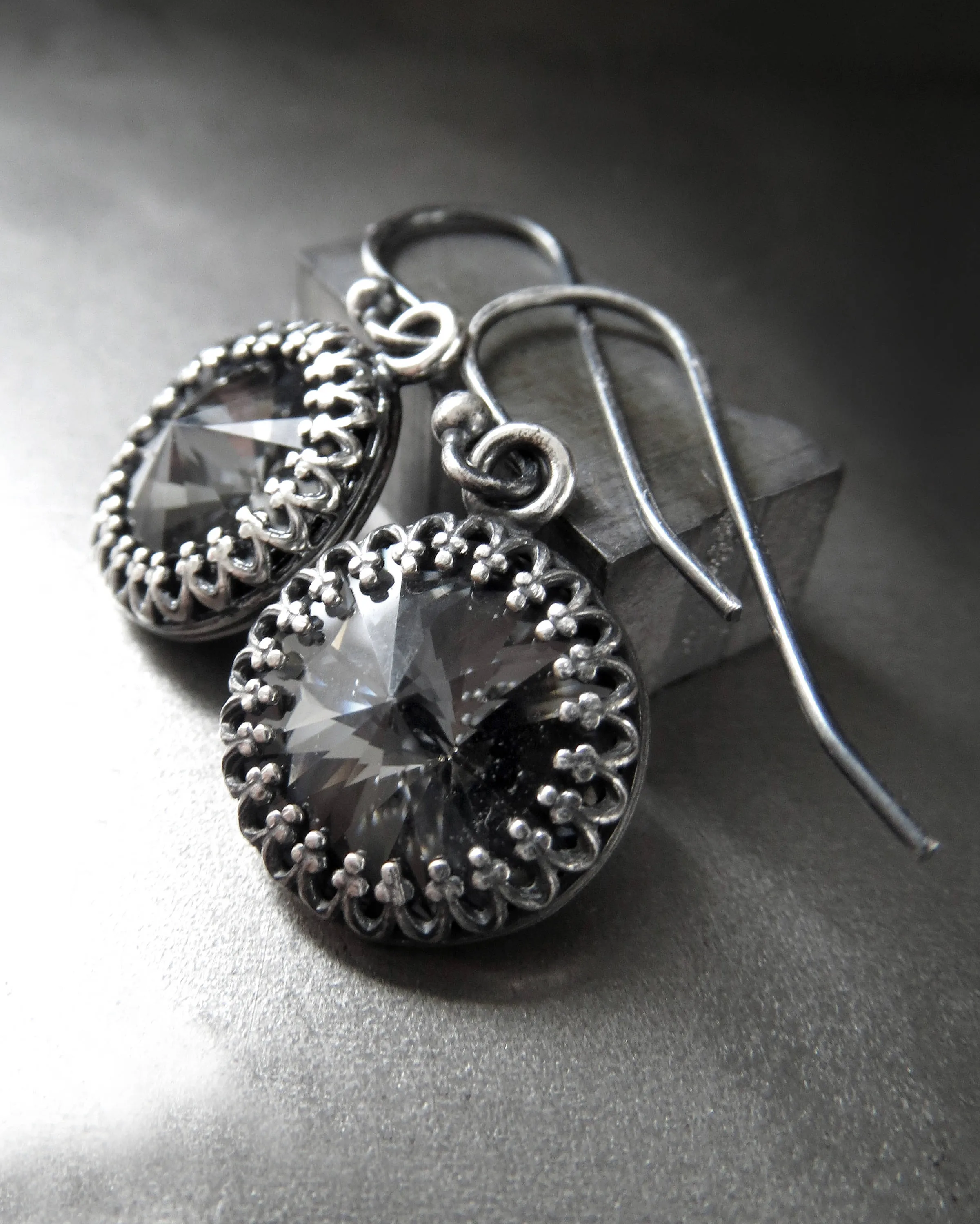 Black Night Crystal Earrings with Vintage Style Crown Bezels