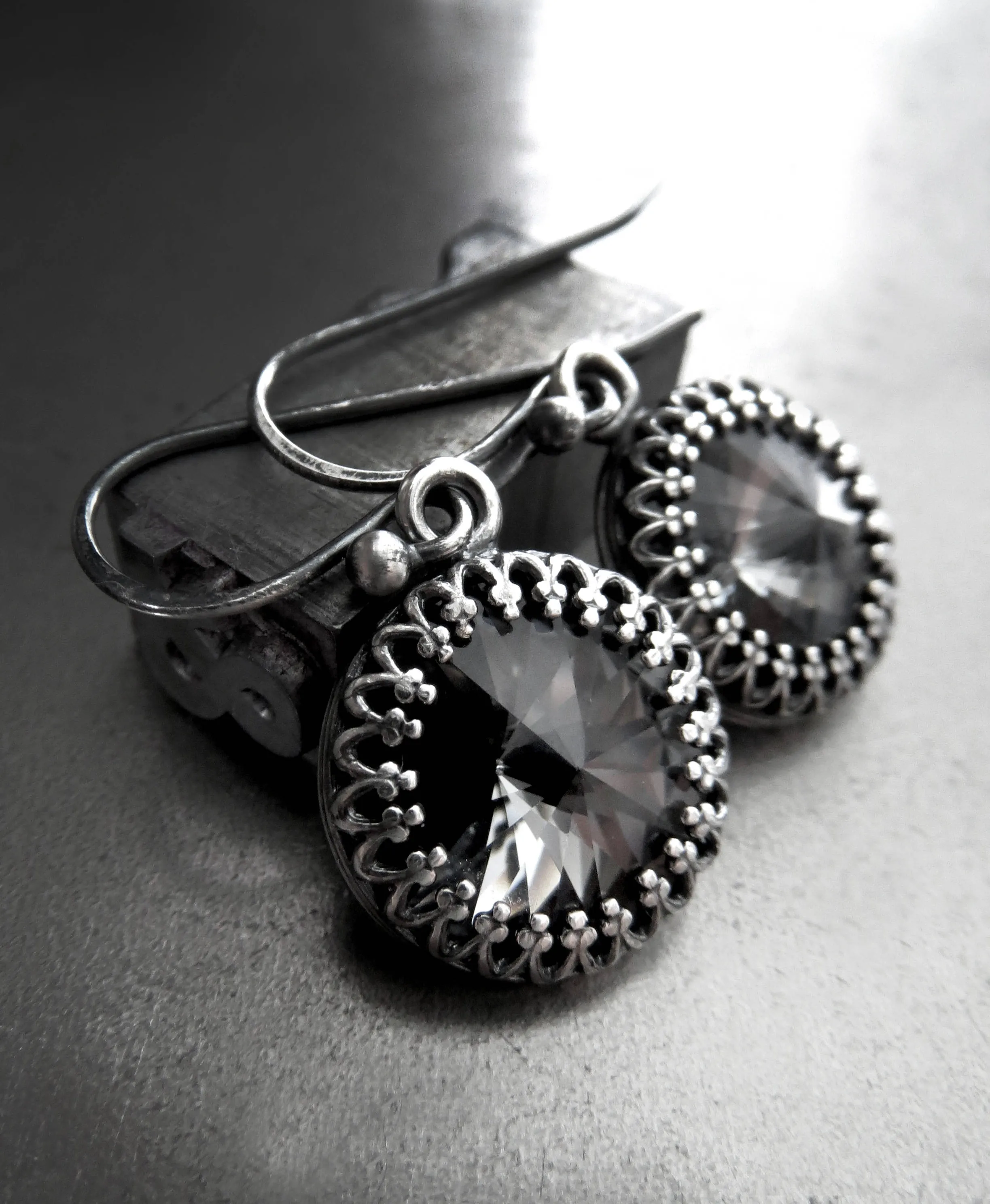 Black Night Crystal Earrings with Vintage Style Crown Bezels