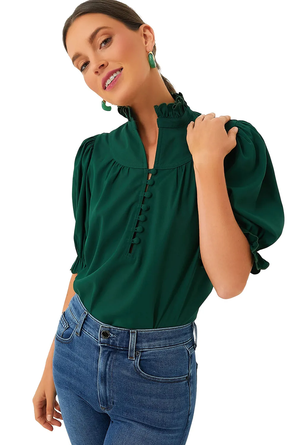 Blackish Green Solid Puff Sleeve Frilled Trim Elegant Blouse