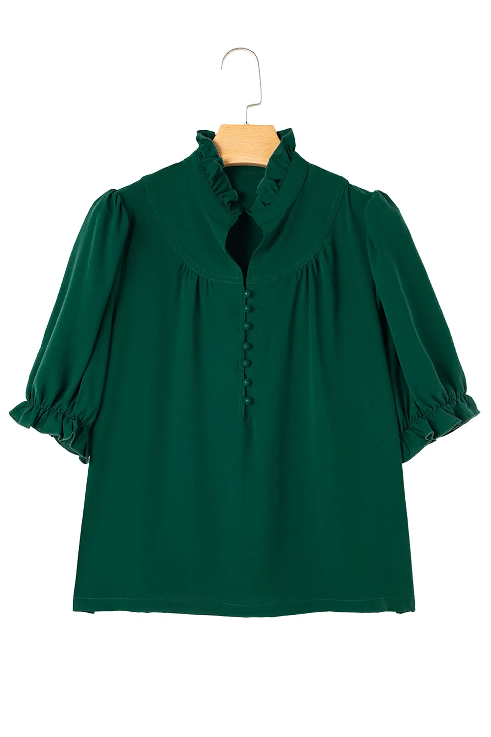 Blackish Green Solid Puff Sleeve Frilled Trim Elegant Blouse