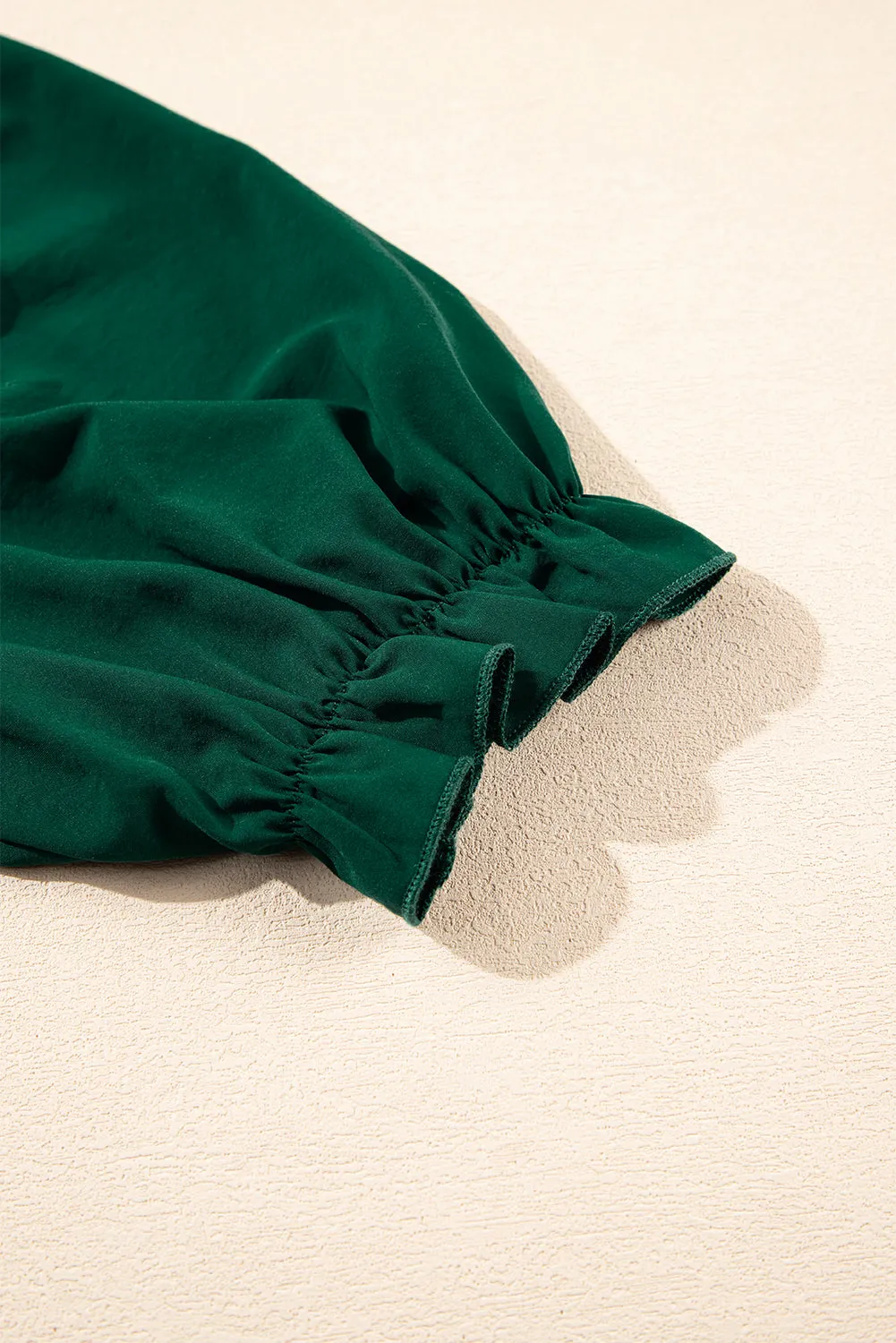 Blackish Green Solid Puff Sleeve Frilled Trim Elegant Blouse