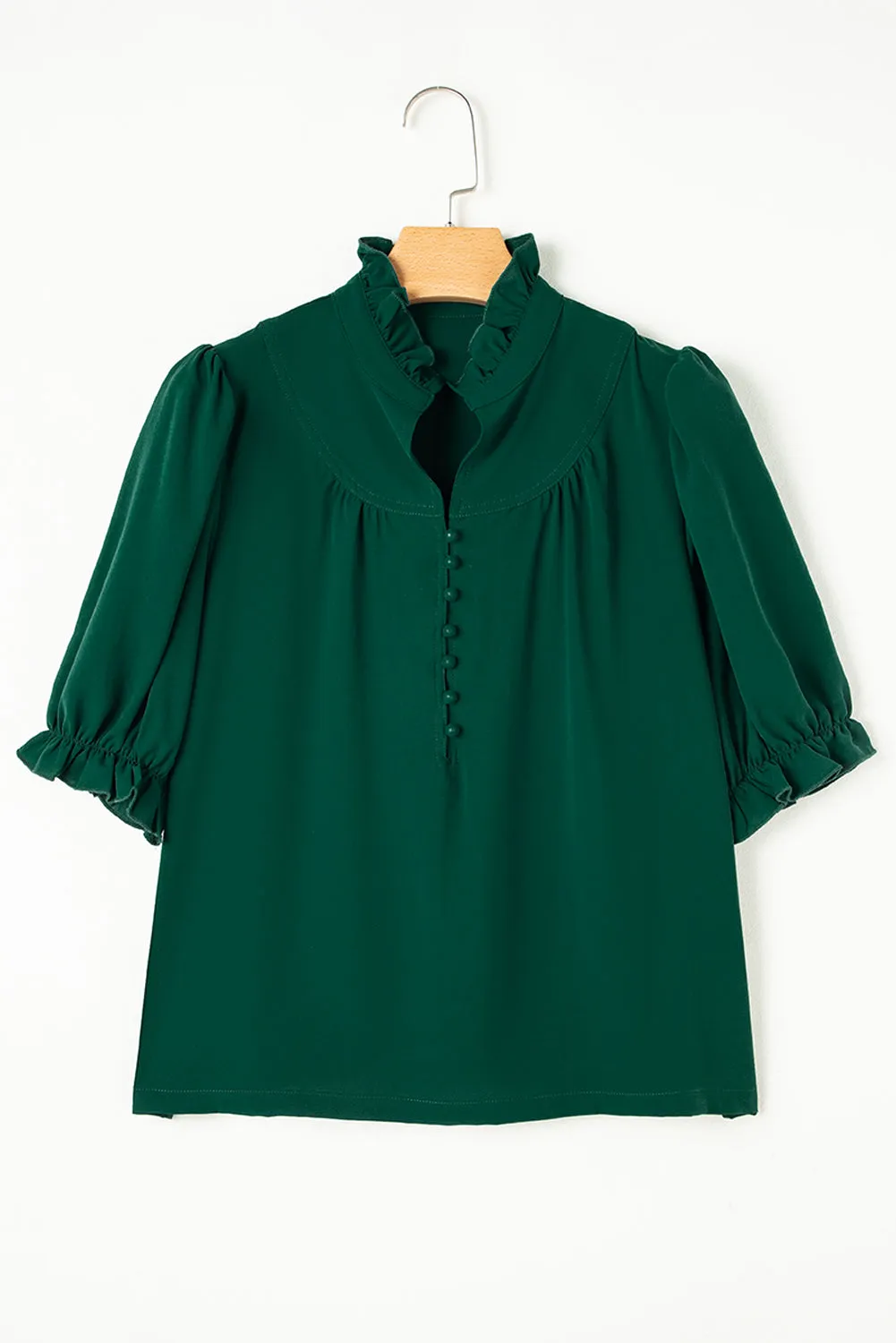 Blackish Green Solid Puff Sleeve Frilled Trim Elegant Blouse