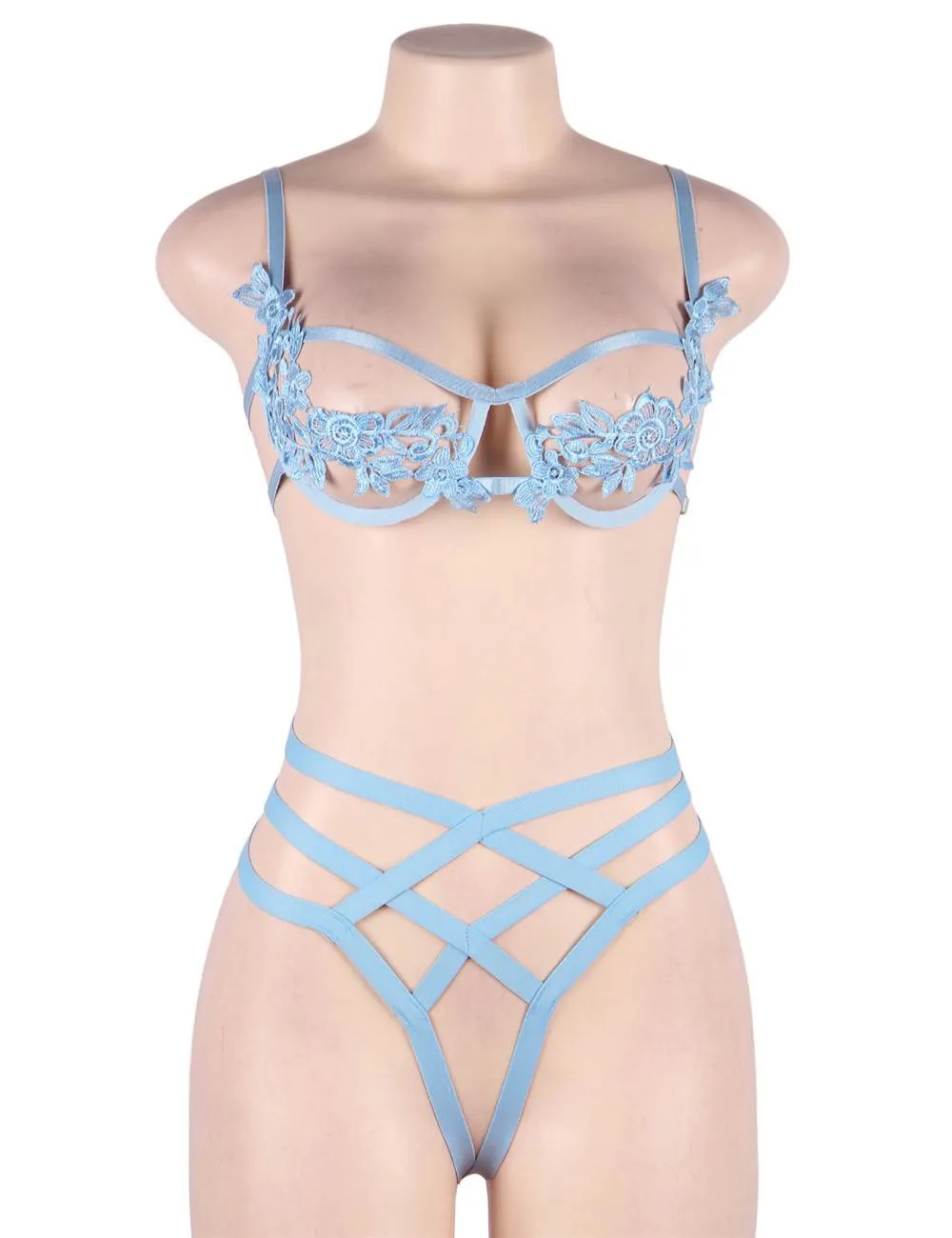 Blue Elegant Embroidery Fashion Bra Set With Steel Ring