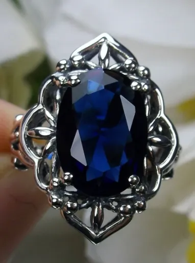 Blue Sapphire Ring, Gothic Filigree Ring - Vintage Style Ring D98
