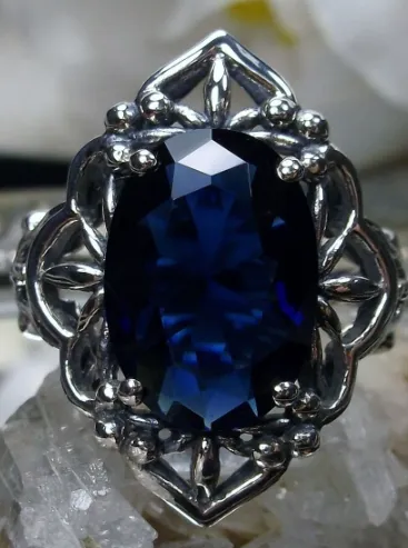 Blue Sapphire Ring, Gothic Filigree Ring - Vintage Style Ring D98