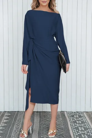 Blue Satin Wrap Tie Side Boat Neck Long Sleeve Dress