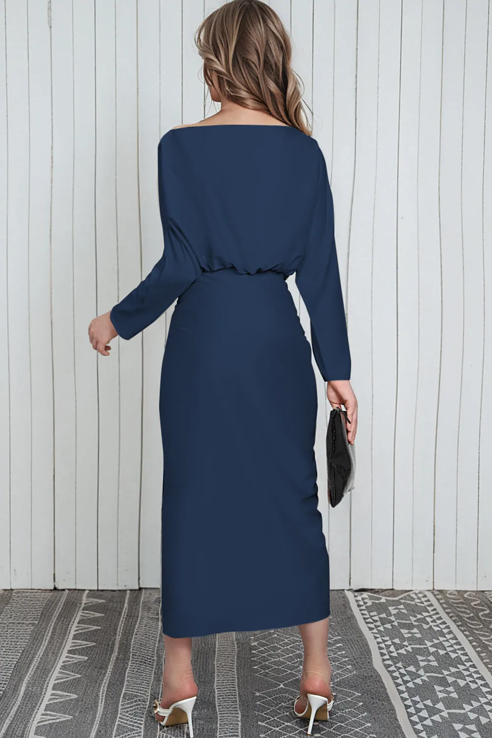 Blue Satin Wrap Tie Side Boat Neck Long Sleeve Dress