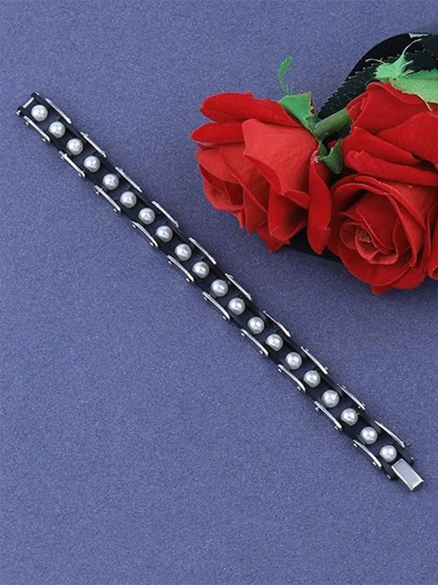 Bohey by KARATCART Men's Leather Black and Silver Link Stainless Steel Bracelet