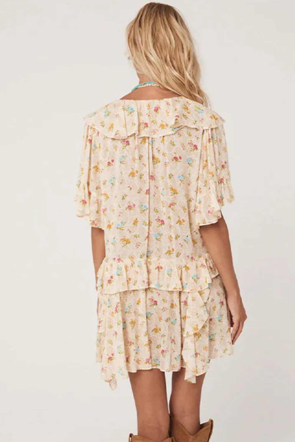 Boho V Neck Floral Tassel Tie Ruffle Mini Dress