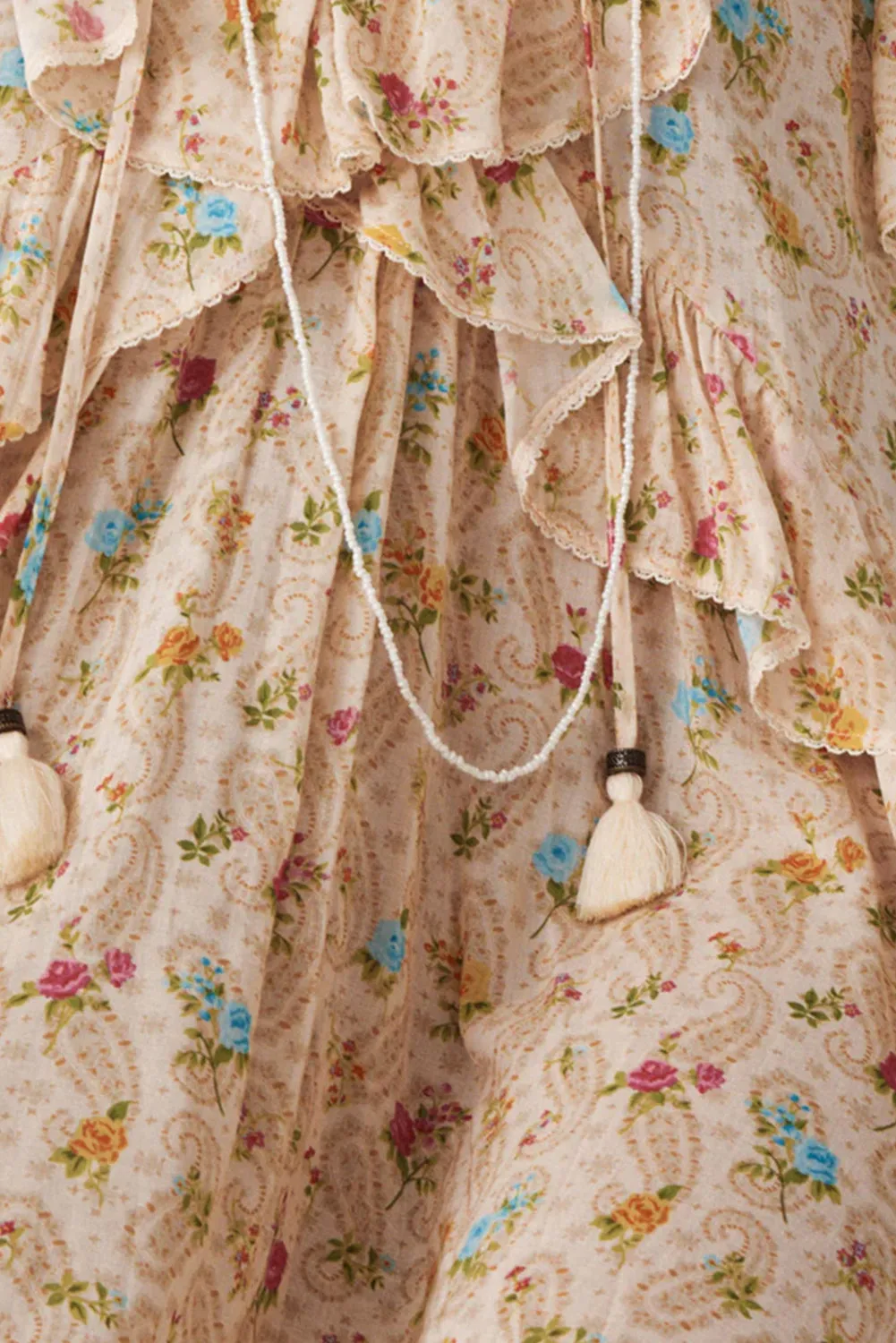 Boho V Neck Floral Tassel Tie Ruffle Mini Dress