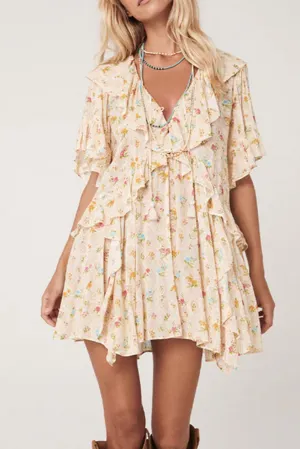 Boho V Neck Floral Tassel Tie Ruffle Mini Dress