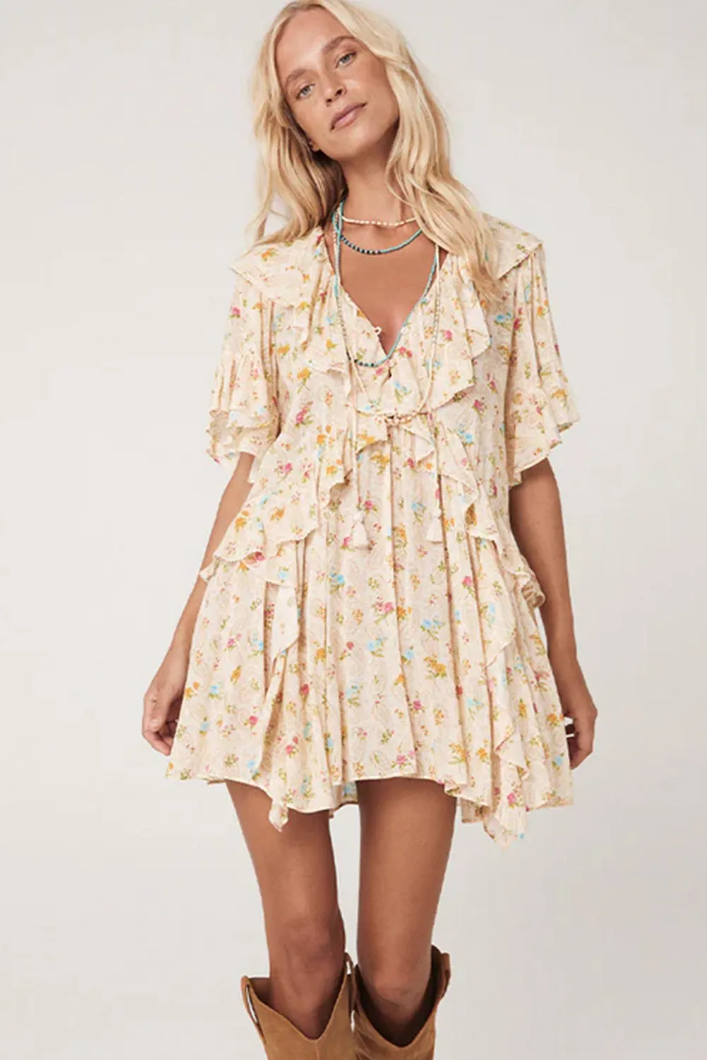 Boho V Neck Floral Tassel Tie Ruffle Mini Dress