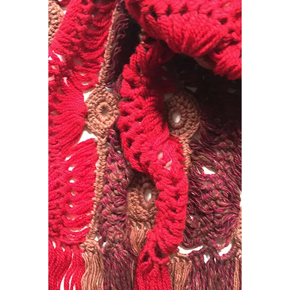 BONNIE ARTISANS-MADE CASHMERE WOOL CROCHET SCARF IN RED WINE CAMEL