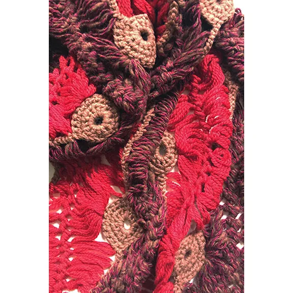 BONNIE ARTISANS-MADE CASHMERE WOOL CROCHET SCARF IN RED WINE CAMEL