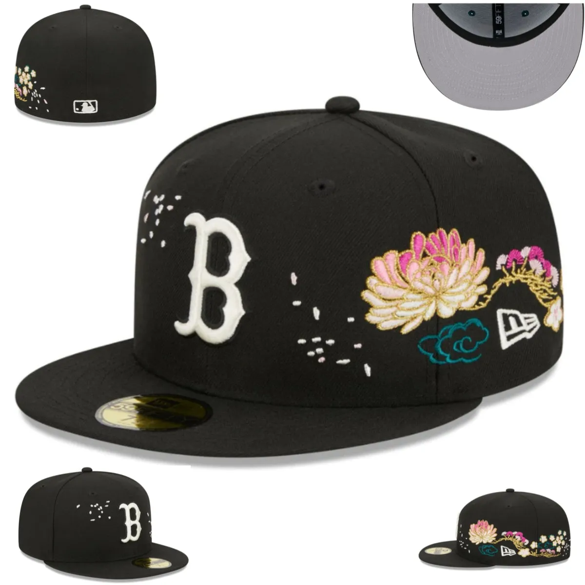 Boston Red Sox Black Floral Embroidered Fitted Cap