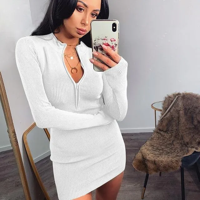 Casual Rib Knitted Zipper Splice Long Sleeve Slim Dress