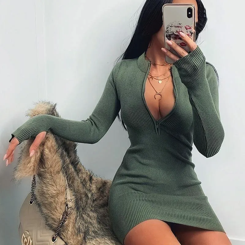 Casual Rib Knitted Zipper Splice Long Sleeve Slim Dress