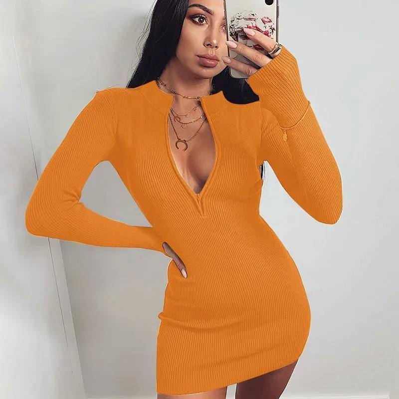 Casual Rib Knitted Zipper Splice Long Sleeve Slim Dress