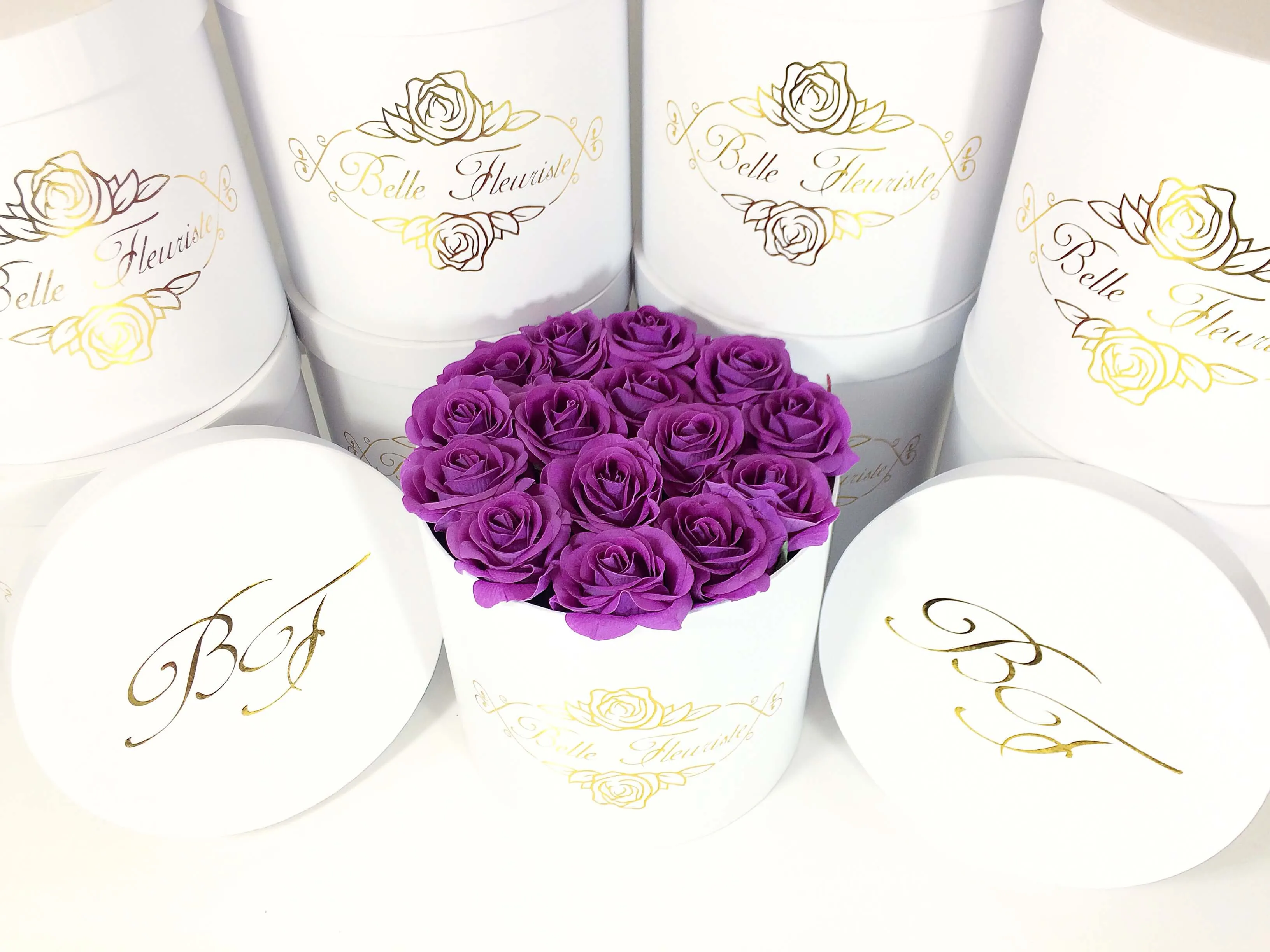 Classic Purple Roses - White Box