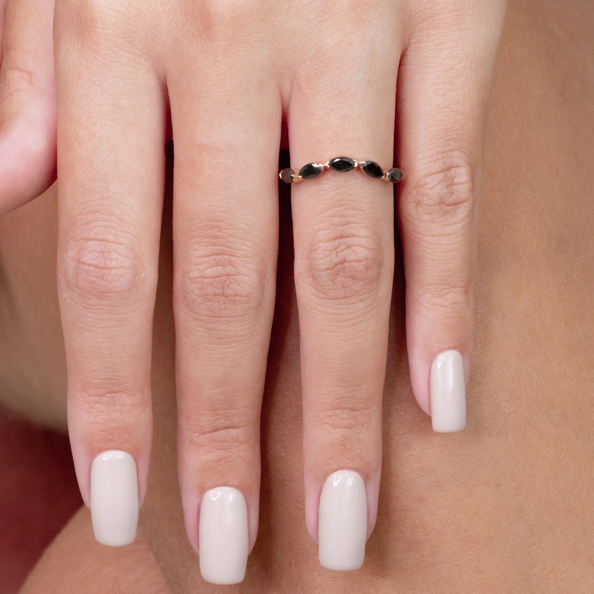 Cotton Candy Curved Wedding Ring with Marquise Cut Natural Black Diamonds