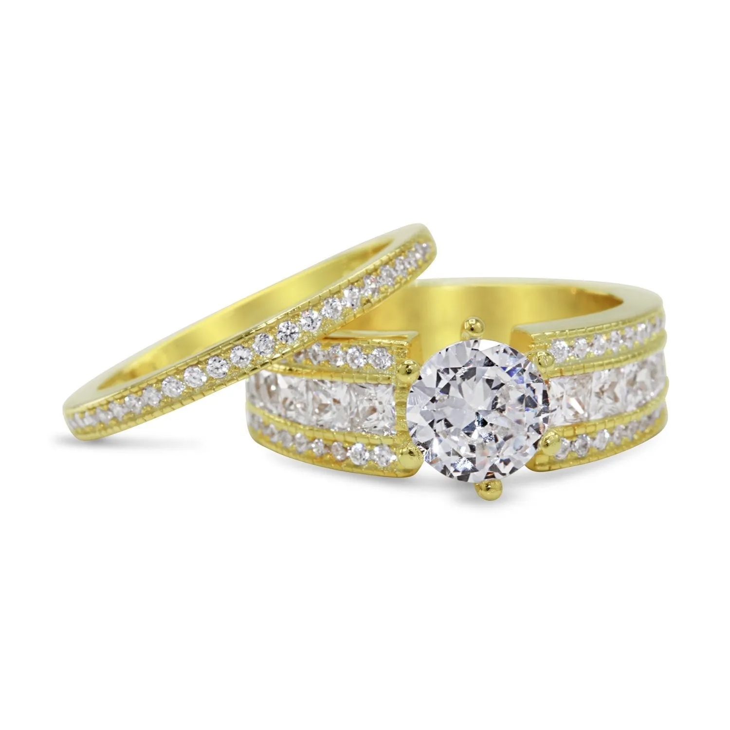CZ 5mm Sterling Silver Gold Plated Halo Accents Antique Filigree Bridal Sets Elegant Gold Ring