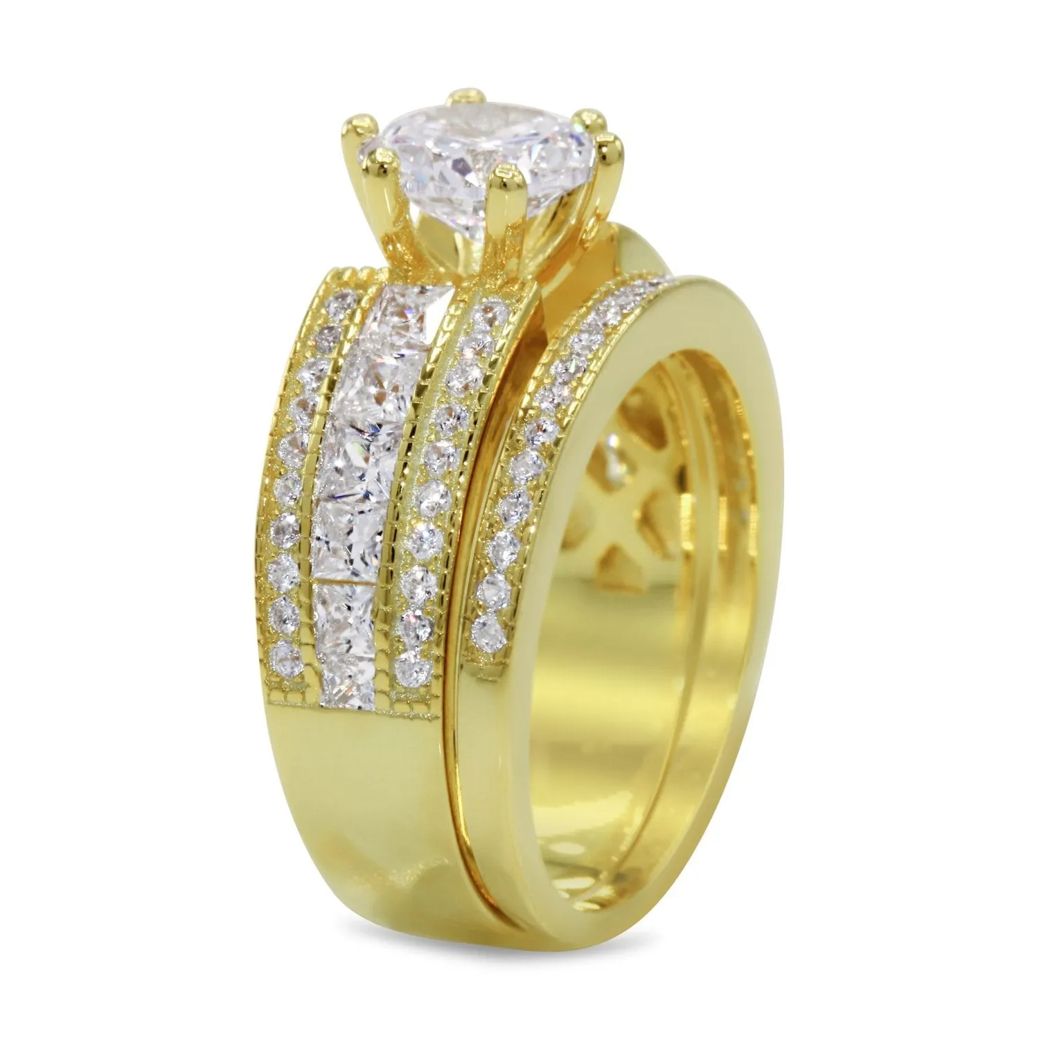 CZ 5mm Sterling Silver Gold Plated Halo Accents Antique Filigree Bridal Sets Elegant Gold Ring
