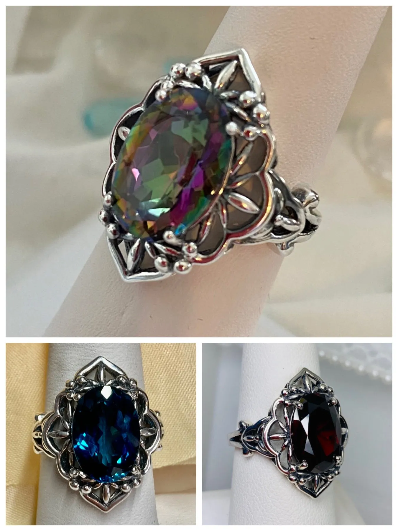 D98, Natural Gem Oval Mesh Ring, Gothic Filigree Ring - Vintage Jewelry D98