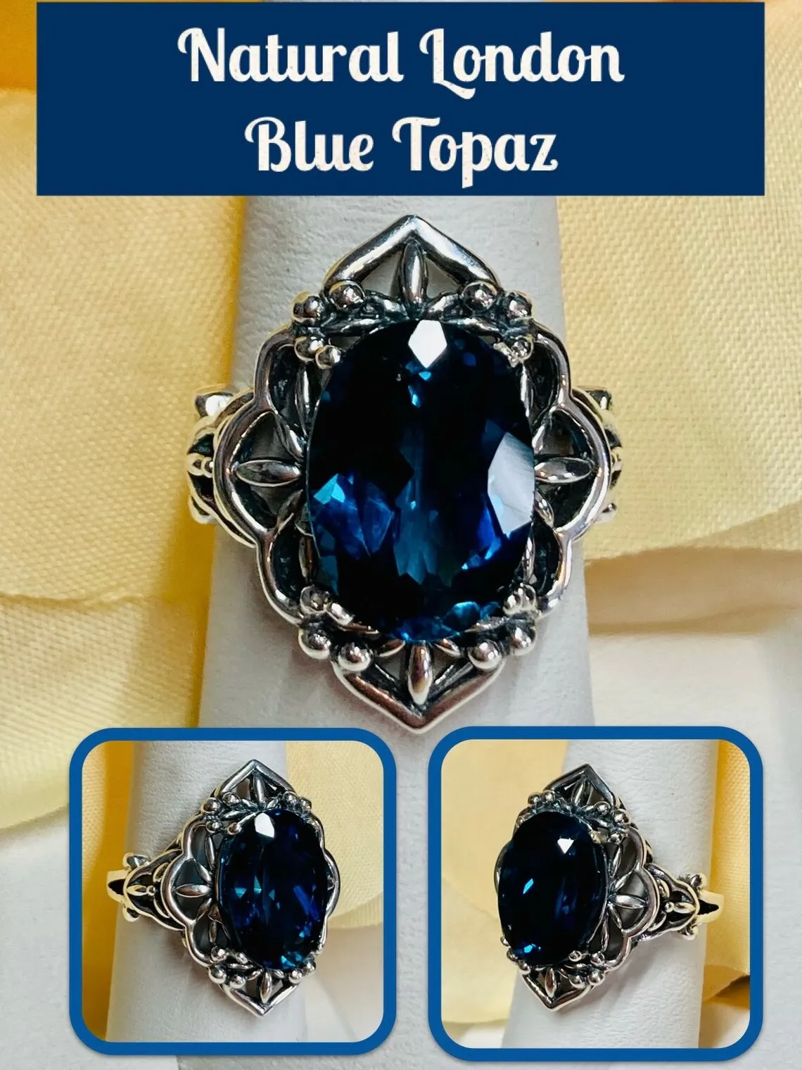 D98, Natural Gem Oval Mesh Ring, Gothic Filigree Ring - Vintage Jewelry D98