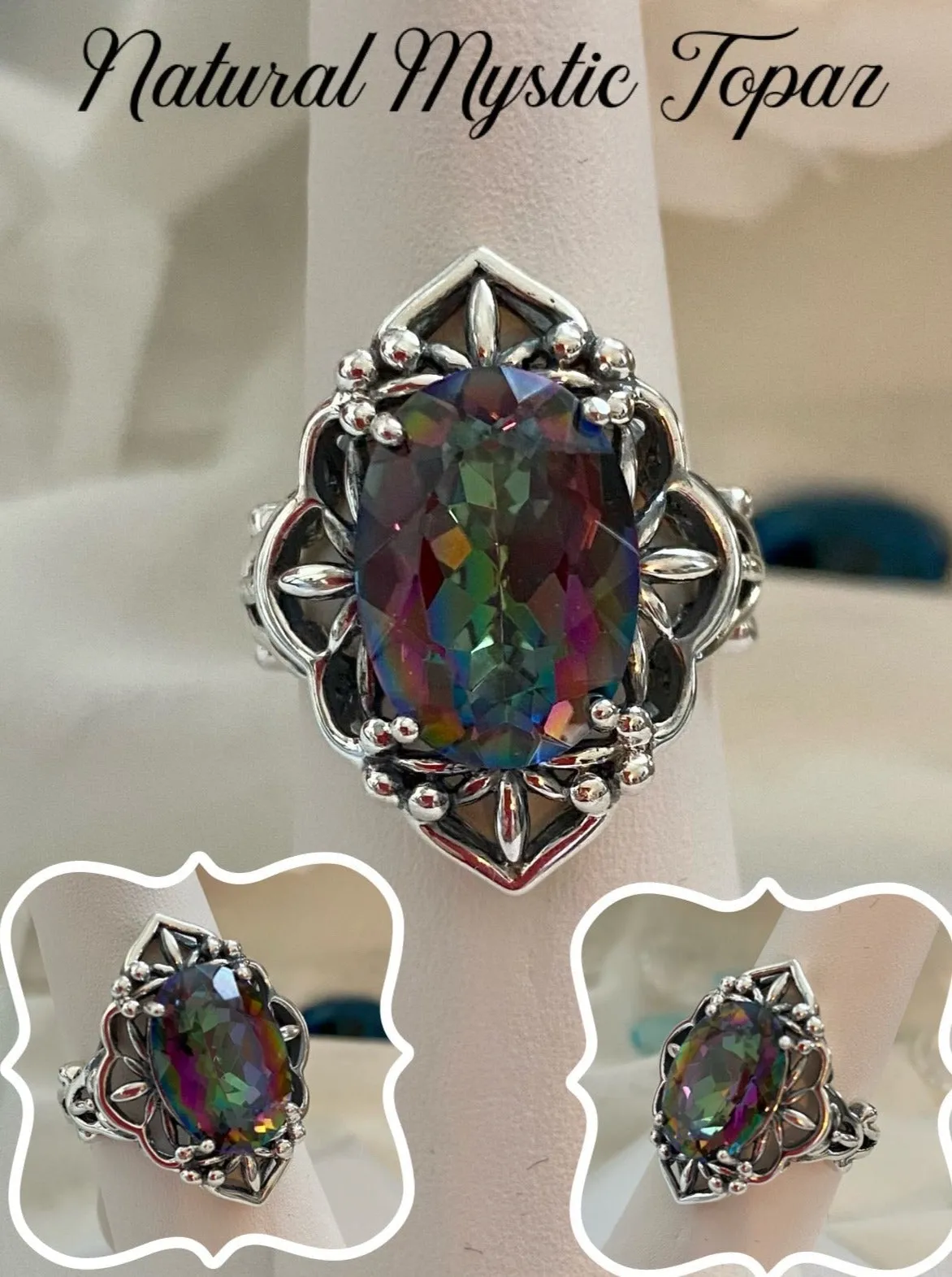 D98, Natural Gem Oval Mesh Ring, Gothic Filigree Ring - Vintage Jewelry D98