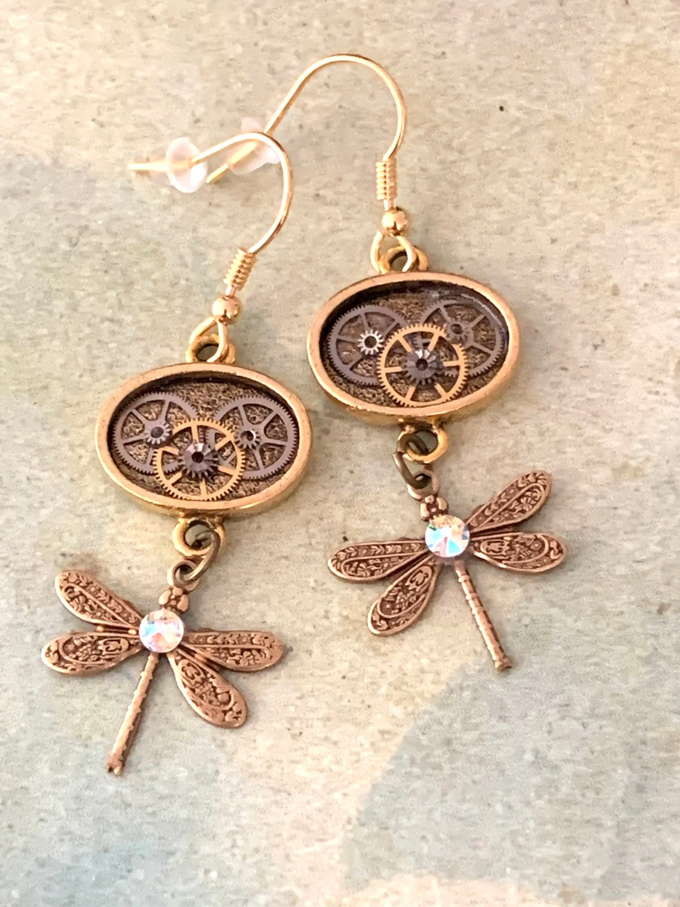 Dangle earrings set with Gold dragonfly’s - Steampunk Earrings - gift for her - Birthday gift - unique - one of a kind - with gears boho