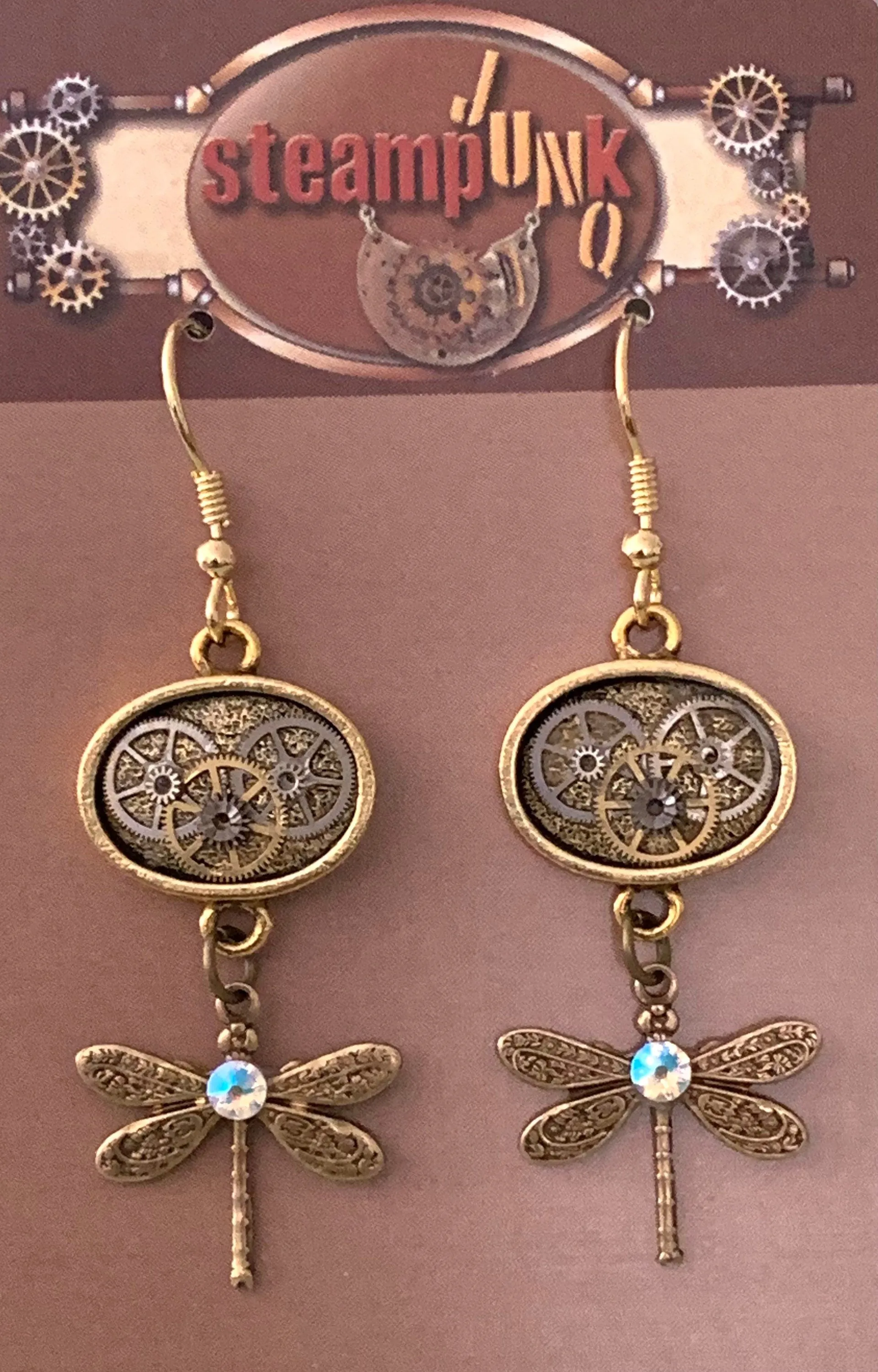 Dangle earrings set with Gold dragonfly’s - Steampunk Earrings - gift for her - Birthday gift - unique - one of a kind - with gears boho